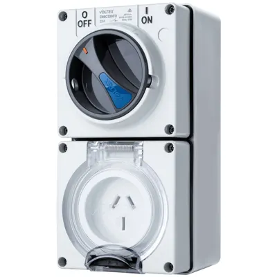 Switched Socket Outlet - IP66 250V 20A - 3 Flat pins Double Pole, Voltex, supplied and installed in Alice Springs