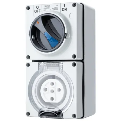 Switched Socket Outlet - IP66 500V 20A - 5 Round pins, Voltex, supplied and installed in Alice Springs